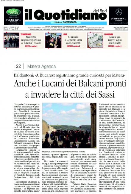 31 marzo 2016 Il Quotidiano - Asociatia Lucani nei Balcani