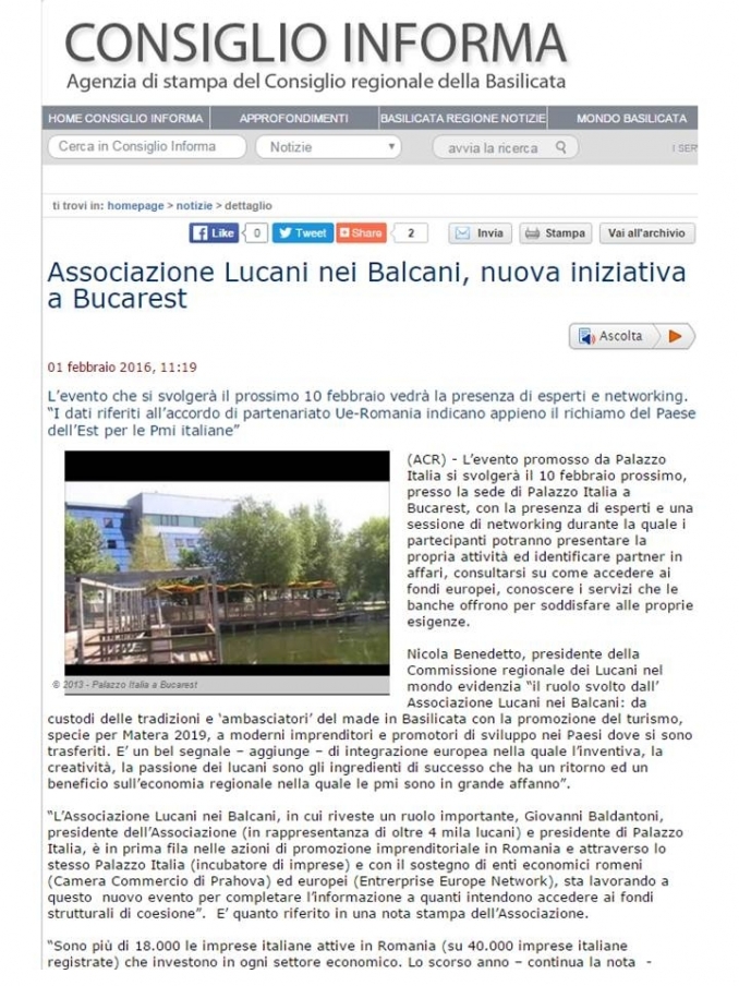 Associazione Lucani nei Balcani, nuova iniziativa a Bucarest Ascolta 01 febbraio - Asociatia Lucani nei Balcani